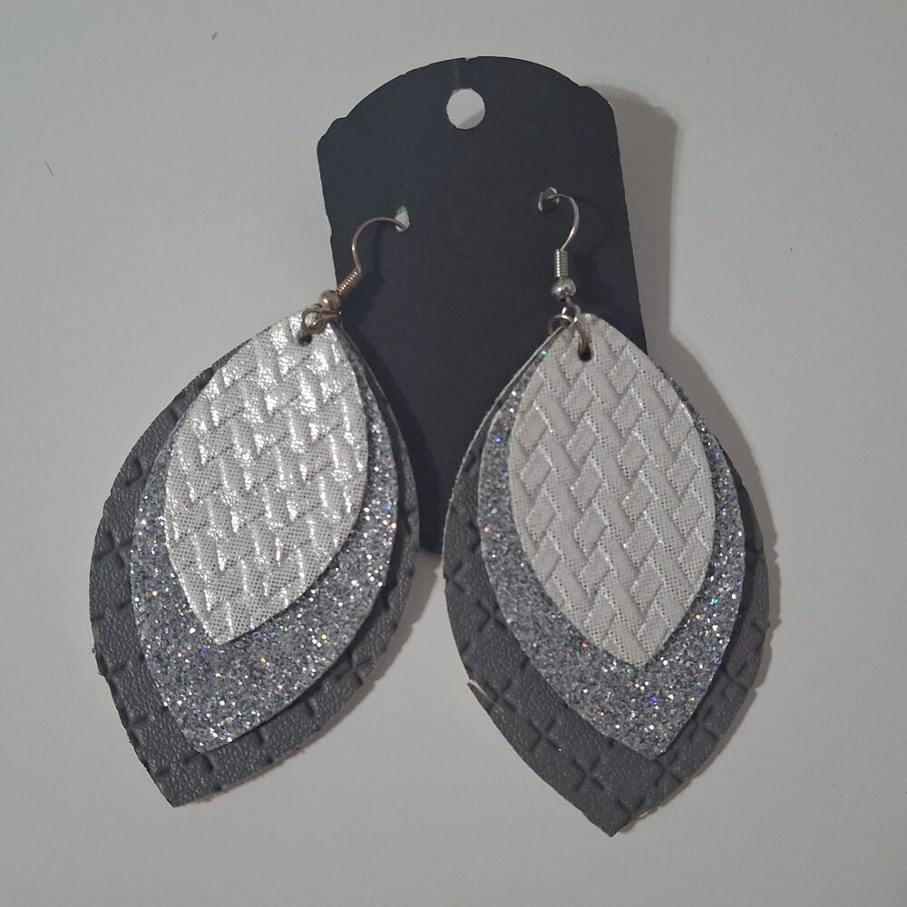 Faux Leather Pleather Sparkly Glitter Layered Leaf Silver White Earrings
